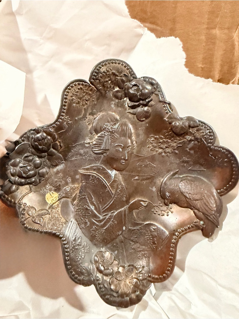 Antique Embossed Asian-Style Decorative Metal Dish in Brown 1868-1912